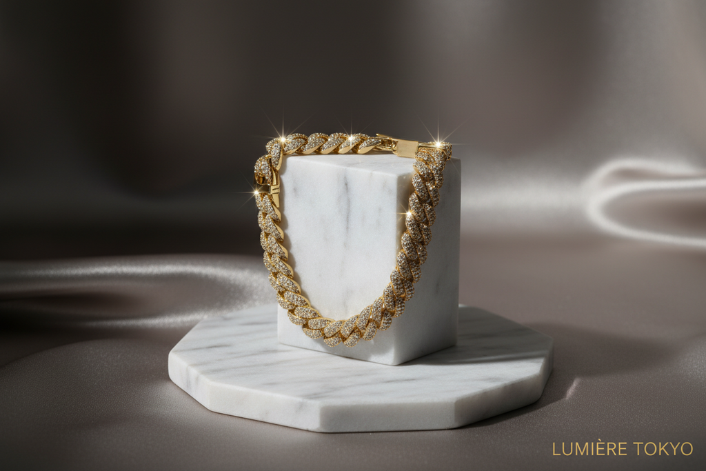 10mm キューバンカーブチェーン キュービックジルコニア パヴェ ブレスレット（I286）